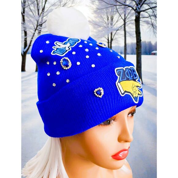 Zeta Phi Beta Blue Beanie design with logo & rhinestones and white pompom - Picture 3 of 5